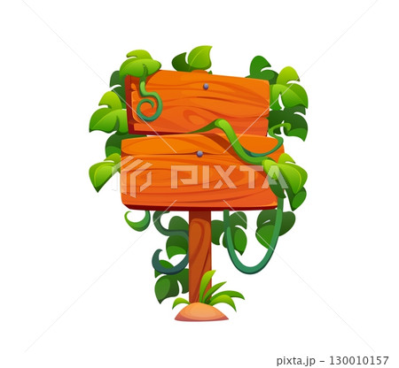 Cartoon wooden sign board decorated tropical jungle monstera leaves and lianas. Vector wood signboard on pole, signpost pointer planks with green thicket. Timber direction panel with rainforest plants 130010157