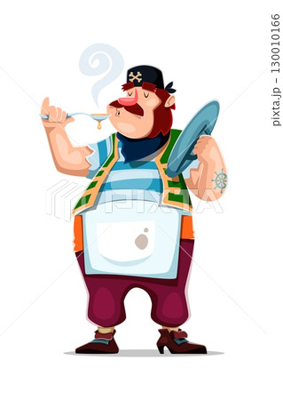Cartoon pirate cook ship crew character tasting soup with a spoon, holding a pot lid and wearing an apron. Vector corsair chef personage for games, story books or culinary themed cooking adventures Cartoon pirate cook ship crew character tasting soup with a spoon, holding a pot lid and wearing an apron. Vector corsair chef personage for games, story books or culinary themed cooking adventures 130010166