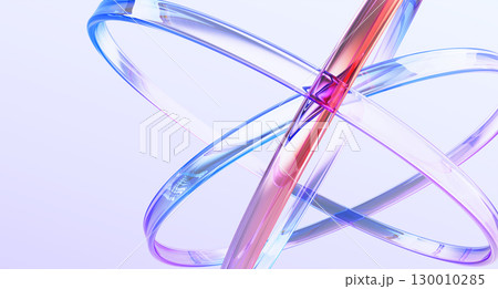Blue science and tech 3d background with glass holographic transparent circle lines. Iridescent abstract structure of atom with purple red gradient for physics and chemistry design. 3D illustration 130010285