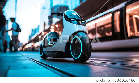 A white electric scooter is parked on a sidewalk next to a train 130010460
