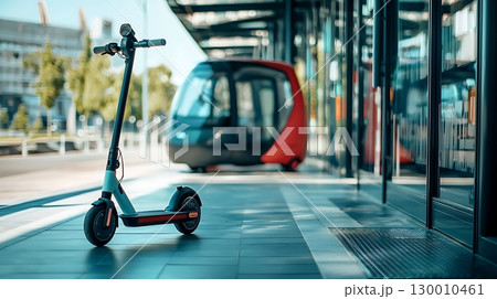 A scooter is parked next to a red and black car 130010461