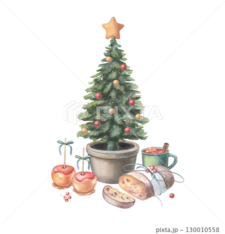 Christmas tree in pot, traditional fair food and drink including stollen, mulled wine. Hand-painted watercolor illustration isolated on white background for holiday card, invitations, branding, design 130010558