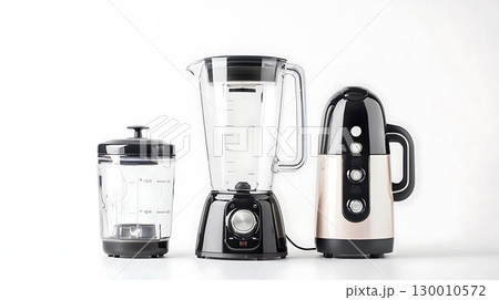 A blender, a pitcher, and a coffee maker are displayed on a white background 130010572