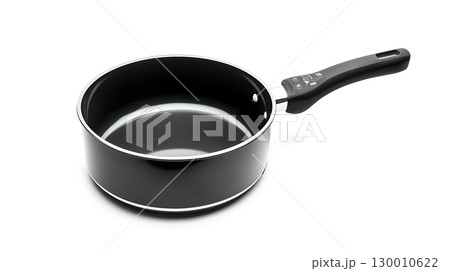 A black pan with a handle sits on a white background 130010622