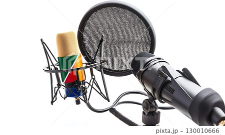 A microphone and a microphone stand are shown on a white background 130010666