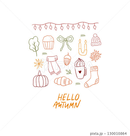 Hand drawn cozy autumn doodle illustration Hand drawn cozy autumn doodle illustration 130010864