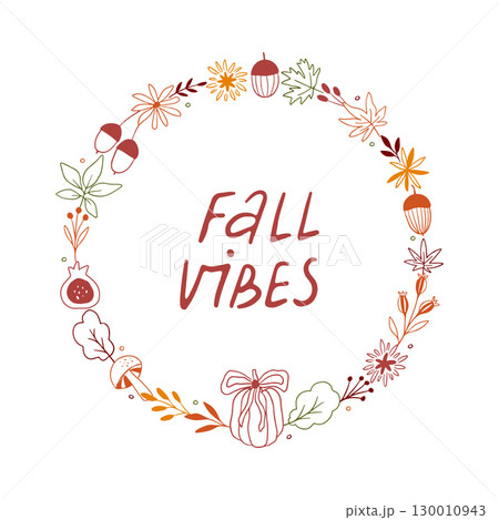 Hand drawn fall wreath with leaves, acorn, pumpkin 130010943