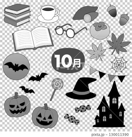 10月の行事や秋をイメージしたモノクロイラストセット 130011390