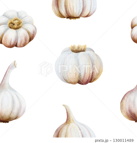 Watercolor garlic bulbs seamless pattern on white. Hand drawn realistic raw vegetable repeat background in gray pink colors for local market spices and culinary designs. Simple food backdrop Watercolor garlic bulbs seamless pattern on white. Hand drawn realistic raw vegetable repeat background in gray pink colors for local market spices and culinary designs. Simple food backdrop 130011489