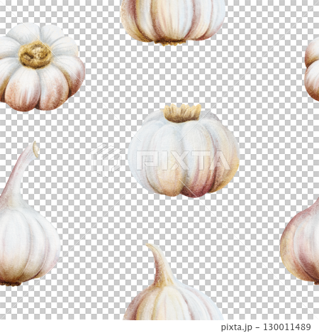 Watercolor garlic bulbs seamless pattern on white. Hand drawn realistic raw vegetable repeat background in gray pink colors for local market spices and culinary designs. Simple food backdrop Watercolor garlic bulbs seamless pattern on white. Hand drawn realistic raw vegetable repeat background in gray pink colors for local market spices and culinary designs. Simple food backdrop 130011489