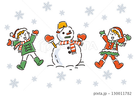 雪だるまを作って喜ぶ子どもたち 雪だるまを作って喜ぶ子どもたち 130011782