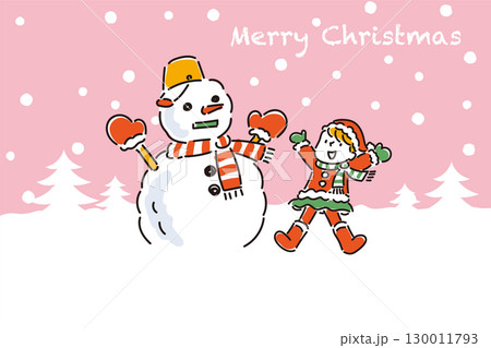 大きな雪だるまを作って喜ぶ子どものポストカード 130011793