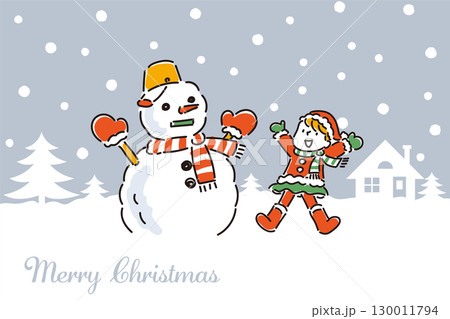 大きな雪だるまを作って喜ぶ子どものポストカード 130011794