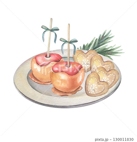 Caramel apples with blue bows, cookies on plate. Hand-painted watercolor illustration of sweet snacks isolated on white background for winter fairs, holiday treats, festive menu, Christmas market 130011830