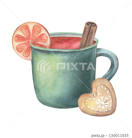 Mug filled with mulled wine, orange slice, cinnamon stick, cookie. Hand-painted watercolor illustration of drink and snack isolated on white for holiday design, menu, cards, food and drink branding Mug filled with mulled wine, orange slice, cinnamon stick, cookie. Hand-painted watercolor illustration of drink and snack isolated on white for holiday design, menu, cards, food and drink branding 130011835