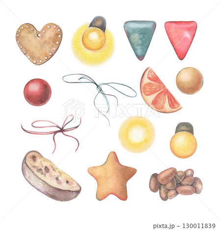 Christmas set, cookies, stollen, orange, caramel almonds, flags, stars, strings, bulbs, baubles. Hand-painted watercolor illustration of festive elements isolated on white for holiday design, decor 130011839