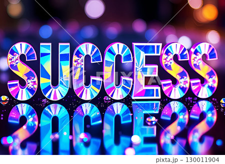 The word SUCCESS in bold, colorful, and reflective 3D letters with a vibrant, holographic glow 130011904