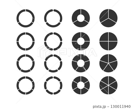 Circle division infographic icon set. Pie chart divided 3,4,5,6 equal parts. Color pizza, donut round diagram. Infographic wheel segment and fraction. Vector illustration isolated on white background 130011940