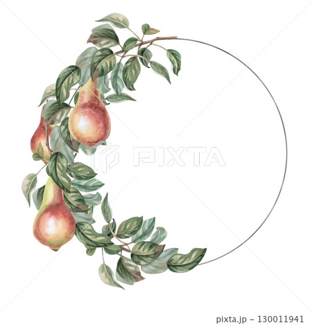 Round frame with pear branches and fruits. Isolated watercolor illustration of fruits for product line design, kitchenware design, seasonal menu, postcards, textiles, clothing printing. 130011941