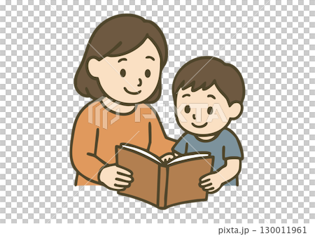 A mother reading aloud and a child reading a book A mother reading aloud and a child reading a book 130011961