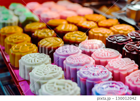Display of an assortment of colorful mooncakes. Chinese food. Mid autumn festival. 130012042