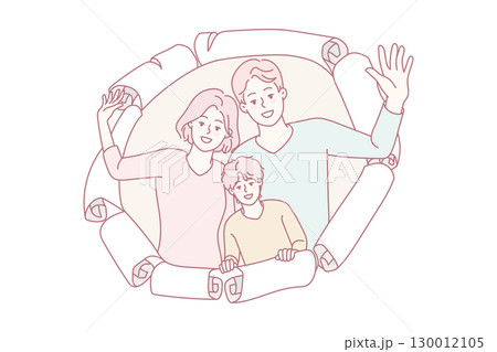 Happy family with child peep through paper hole 130012105