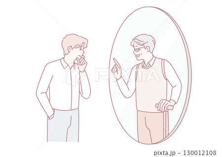 Young man look in mirror talk with old self 130012108