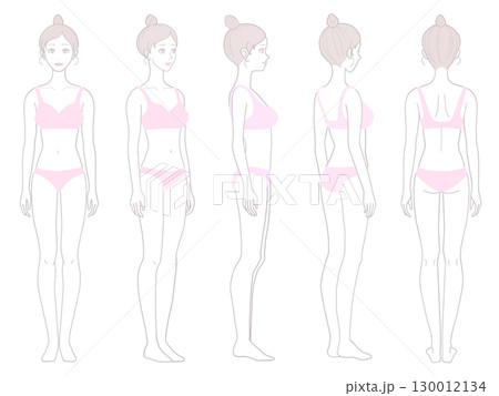 全身脱毛やエステ説明に使える女性ボディのシルエットイラスト 180度ビューセット 130012134