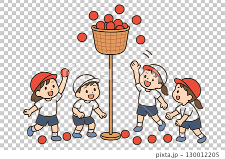 運動会で赤組と白組の子供たちが玉入れ競争をしている 130012205