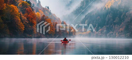 Calm lake with boat and forest reflection under misty sky. Peaceful nature scene with green trees and still water creating serene atmosphere. Calm lake with boat and forest reflection under misty sky. Peaceful nature scene with green trees and still water creating serene atmosphere. 130012210