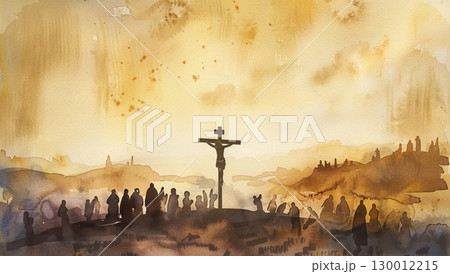 Crucifixion artwork with Jesus on cross and figures in watercolor. Spiritual image with soft tones and shadow people. Crucifixion artwork with Jesus on cross and figures in watercolor. Spiritual image with soft tones and shadow people. 130012215