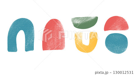Multi colors crayon textured geometric shape set. Kids abstract elements. Circle, arch and semicircles figures. Vector hand drawn naive uneven shapes. Scribbles design figures illustration Multi colors crayon textured geometric shape set. Kids abstract elements. Circle, arch and semicircles figures. Vector hand drawn naive uneven shapes. Scribbles design figures illustration 130012531