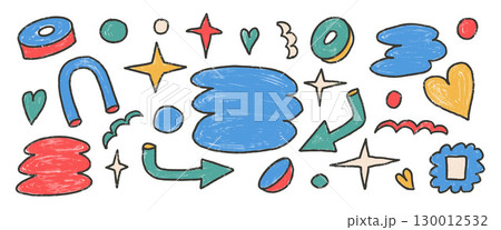 Abstract kids shapes and text boxes crayon drawn set. Naive doodle tag figures on white background. Callouts frames geometric forms elements. Vector silhouette illustration by pencil 130012532