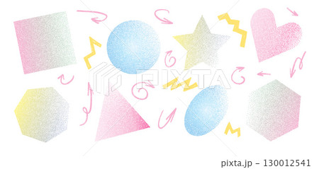 Soft colors grainy gradation geometric figures. Noise gradient geometry shapes set. Blurry dots transition forms. Vector gritty stickers isolated on white background. Pastel geometry callout figures 130012541