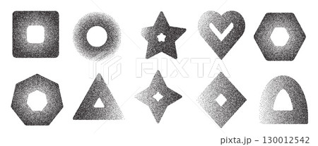 Bold stroke geometric shapes set. Grainy noise textured black y2k frame elements. Hexagon, rectangle and circle dotwork icons. Vector gritty stickers forms. Grunge geometry collage figures Bold stroke geometric shapes set. Grainy noise textured black y2k frame elements. Hexagon, rectangle and circle dotwork icons. Vector gritty stickers forms. Grunge geometry collage figures 130012542