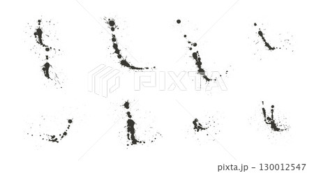 Black paint rough blots silhouette set. Vector ink spray expression splashes. Grunge graffiti art drops sprayed. Inkblots textured elements. Graphic hand drawn messy spots and blobs 130012547