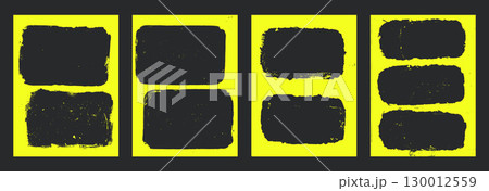 Grunge yellow neon frames set templates. Ink paint border with rough edges for poster and banner. Retro textured overlays. Rectangular highlights abstract flyer backgrounds. Vector design illustration 130012559