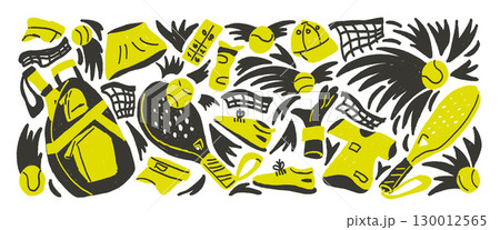 Padel tennis club crayon drawn set. Racket, balls, sport dress hand drawn doodle isolated on white background. Scribble sport equipment elements. Vector fitness active hobby illustration by pencil 130012565