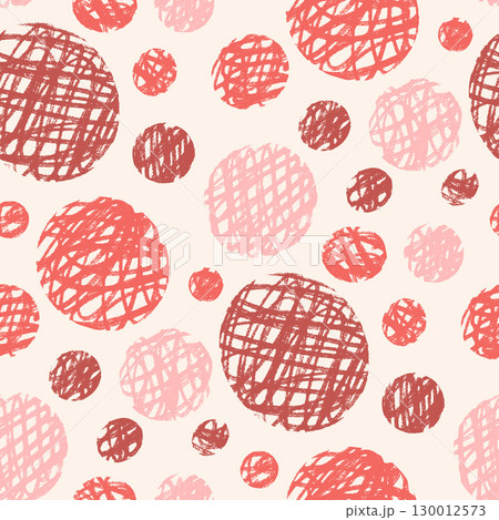 Circles red colors seamless pattern. Crayon kids endless background. Naive simple dot ornament repeat cover. Round pink, red and beige continuous ornament. Vector hand drawn illustration 130012573