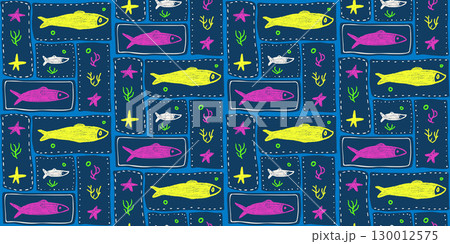 Crayon fish seamless pattern. Sardines hand drawn bento grid endless background. Nautical repeat cover. Sea patchwork continuous ornament. Vibrant pattern design seaweeds motif. Vector illustration 130012575