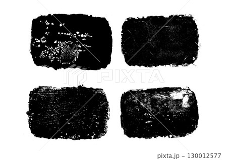 Dark grunge text boxes set. Callouts rectangles frames. Linocut rolled paint black tag. Vector handmade brayer stamp smudged texture. Rough paint decorative irregular border 130012577
