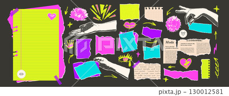 Torn papers with photocopy hands and flowers set. Tear sheet punk pieces pack with punk doodles. Empty blanks for memo. Scrapbooking collage paper callouts. Vector hand drawn illustration isolated 130012581