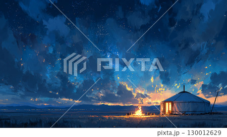 モンゴルの夜空：星空の下、温かいユルトと焚き火 130012629