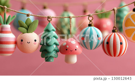 Cute ornaments with smiling faces hang on string, featuring peach, tree, mushroom, and striped balls against pink background 130012643