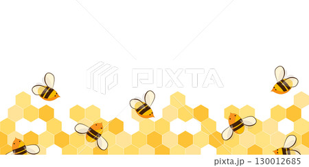 Seamless border pattern with honeycomb and honey bees. Cute beekeeping frame design isolated on white background. Vector illustration. Seamless border pattern with honeycomb and honey bees. Cute beekeeping frame design isolated on white background. Vector illustration. 130012685