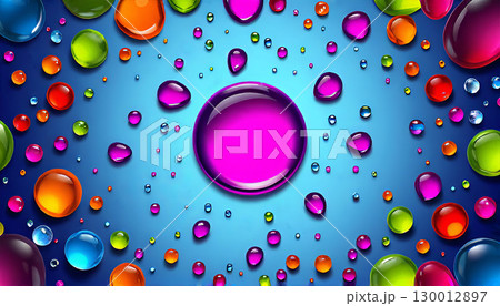 3D composition, colorful liquid drops, big liquid purple spot in center of blue pattern background 130012897