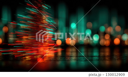 Vibrant abstract image of Christmas tree with colorful light streaks and bokeh effect, creating festive atmosphere 130012909