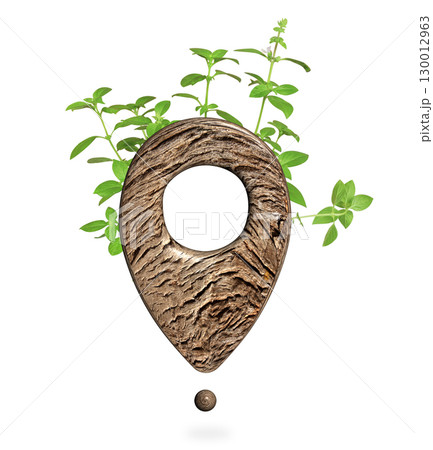 Pin icon with tree bark texture. Map marker, location pin sign. Isolated on white background. 3d. Save wildlife, eco travel, Ecology tourism, responsible consumption, reuse, eco-friendly concept 130012963