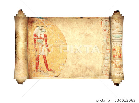 Ancient Colorful papyrus with egyptian god and hieroglyphs. Old parchment with Figure of the god Khnum. Isolated on white background. Copy space for your text. Mock up template. 3d render Ancient Colorful papyrus with egyptian god and hieroglyphs. Old parchment with Figure of the god Khnum. Isolated on white background. Copy space for your text. Mock up template. 3d render 130012965