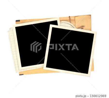 Top view of blank vintage aged letter paper envelope and two blank photo frame. Retro photo on with envelope with a rope is depicted.  Nostalgic scrapbooking style. Isolated on white background Top view of blank vintage aged letter paper envelope and two blank photo frame. Retro photo on with envelope with a rope is depicted.  Nostalgic scrapbooking style. Isolated on white background 130012969
